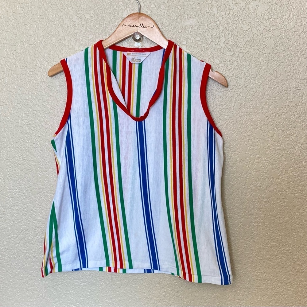Vintage Multicolor Striped Sleeveless Tee - Red, Green, Blue, Yellow